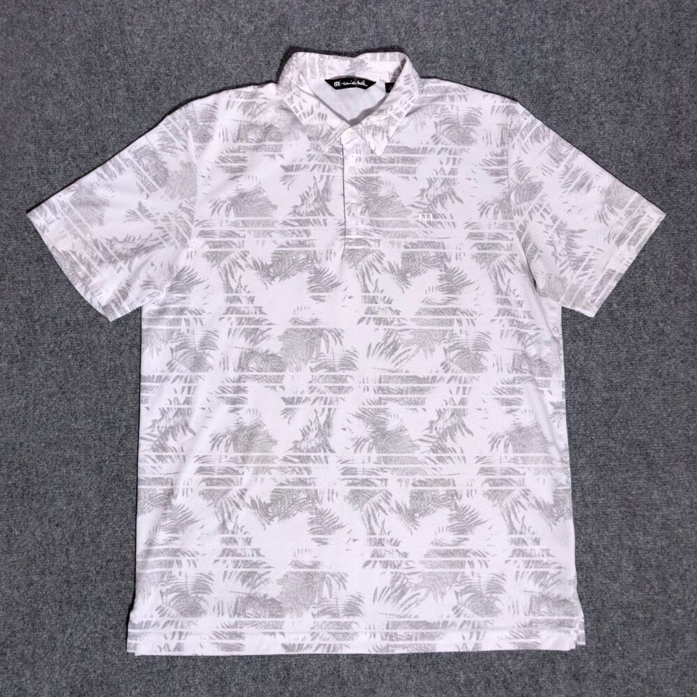 Travis Mathew Seaside Polo Shirt Large White Gray Palm Tree Golf Performance
